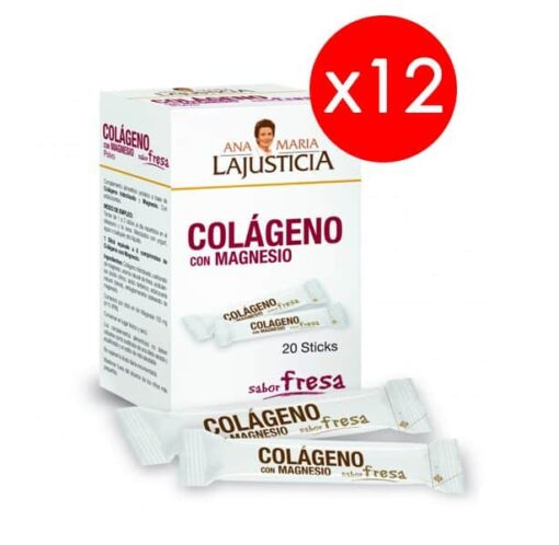 12 Cajas de Colágeno con Magnesio Sabor Fresa 20 Sticks Ana María Lajusticia